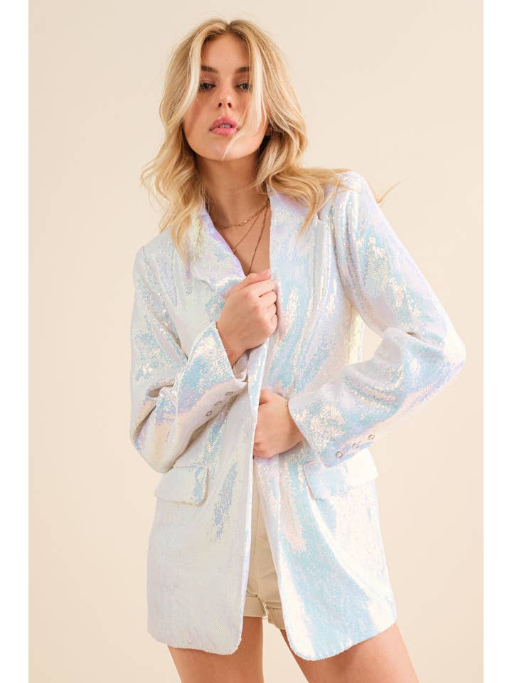 22725J - Iridescent Sequin Single Boyfriend Blazer Jacket for wholesale on Faire