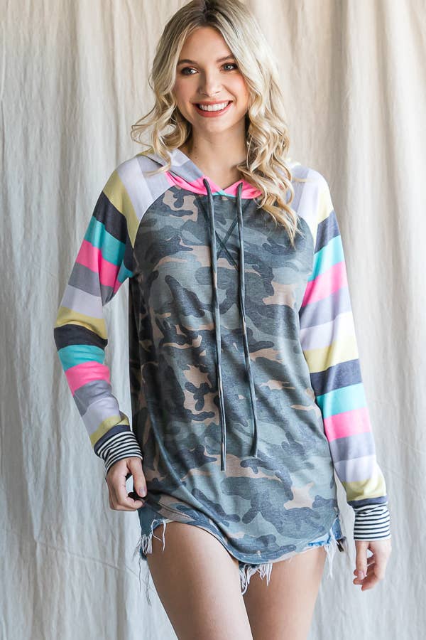 7th Ray - Wholesale Hoodie - Women's - Camo Print Stripe Raglan Sleeve Drawstring Hoodie T45497