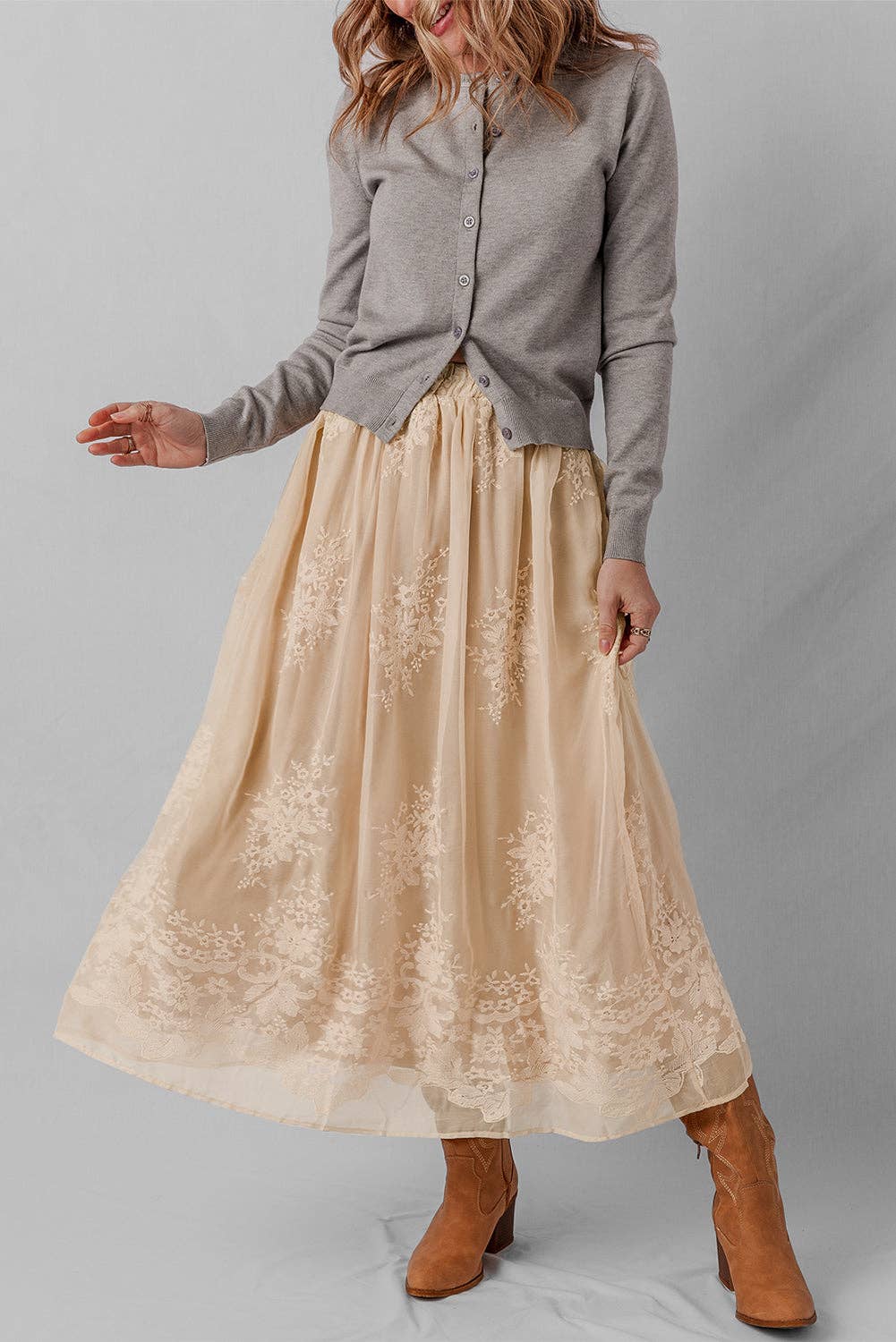 Oatmeal Embroidered Mesh Overlay Flowy Long Skirt for wholesale on Faire3
