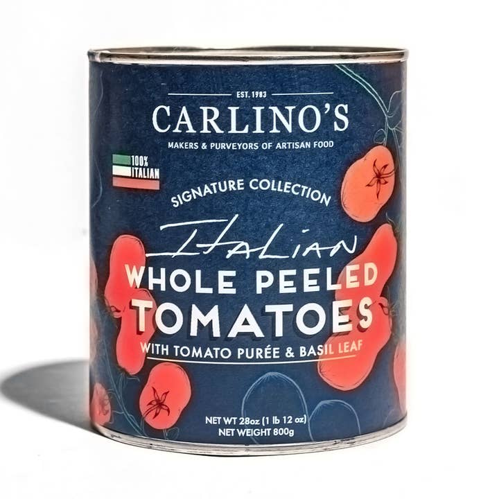 Carlino's Italian Whole Peeled Tomatoes with Basil for wholesale by Carlino's Manufacturing & Importing Co.