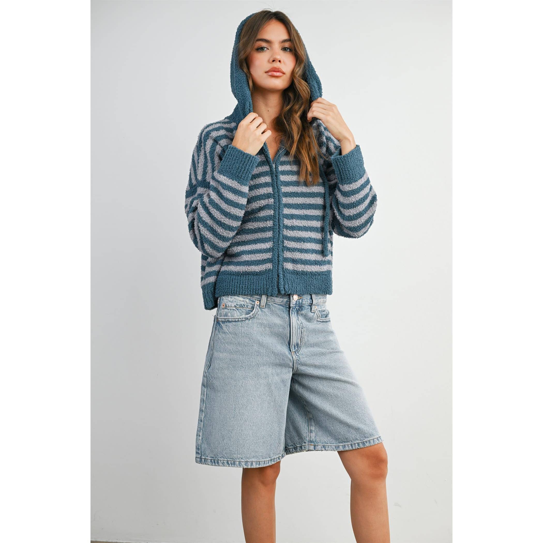 BUTTERMELON - Wholesale Knit Sweater - Women's - Striped Zip-Up Hooded Cardigan - BMC809731