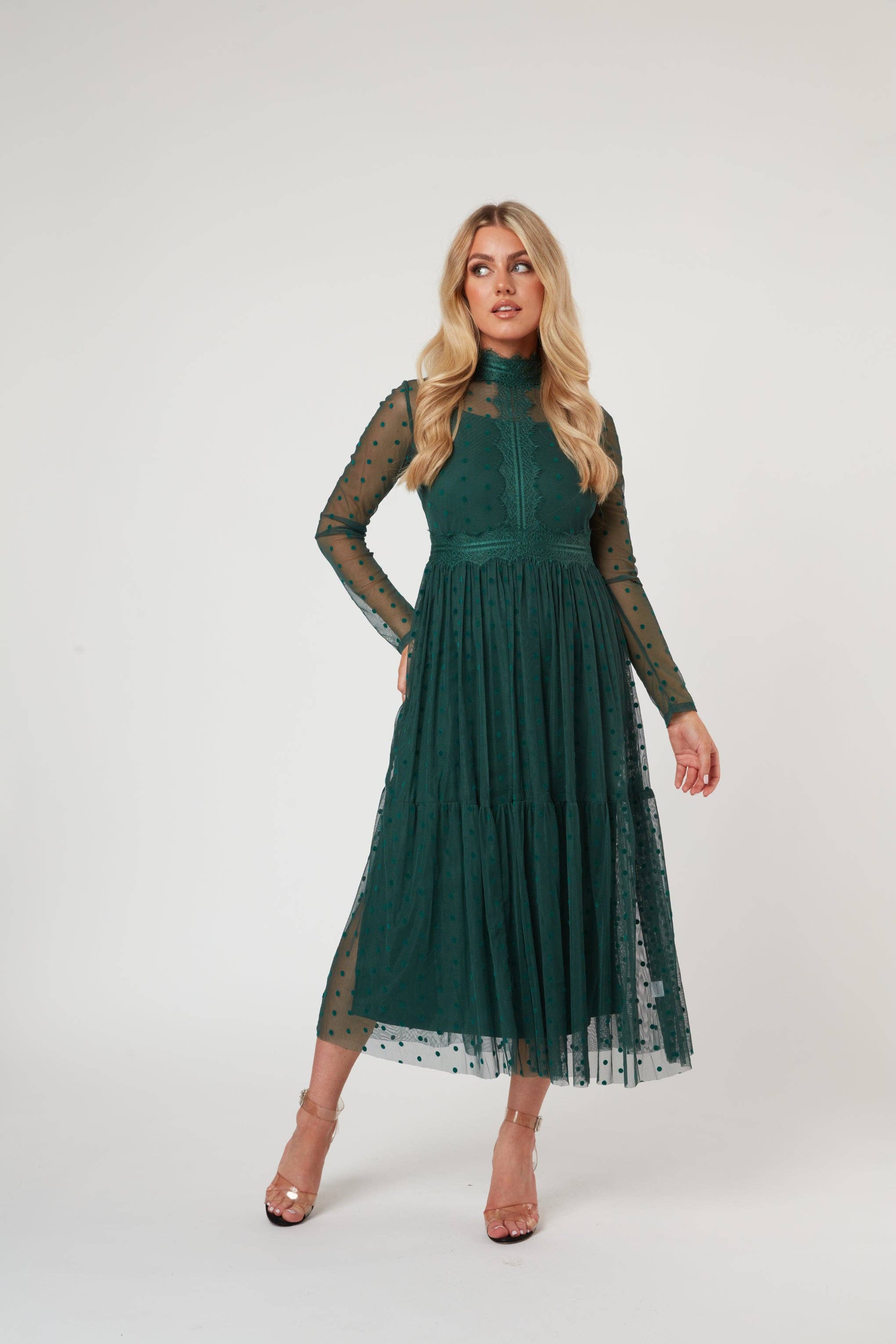 Roman Lola Polka Dot Tulle Midi Dress in Green for wholesale on Faire8
