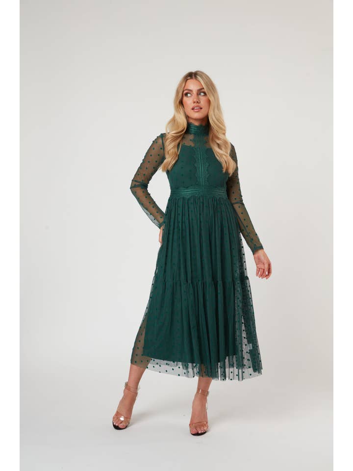 Roman Lola Polka Dot Tulle Midi Dress in Green for wholesale on Faire8