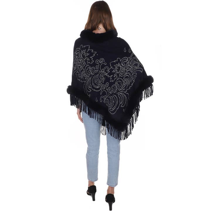TAPA fashion - Wholesale Poncho - Women's - Leaf Pattern Pearl Deco Fur Fringed Poncho Po513-27. (6pc)9