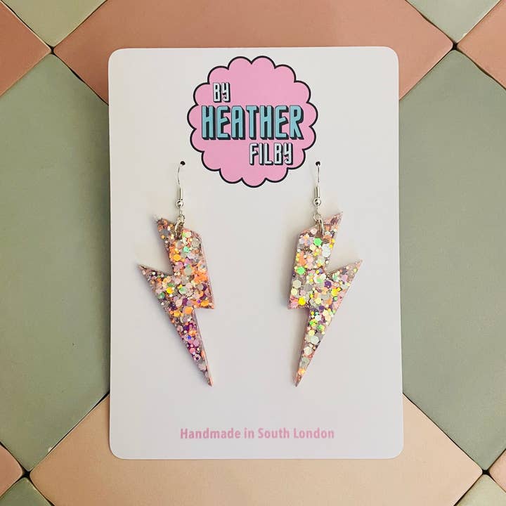 Large Iridescent Glitter Lightning Bolt Earrings for wholesale by By Heather Filby