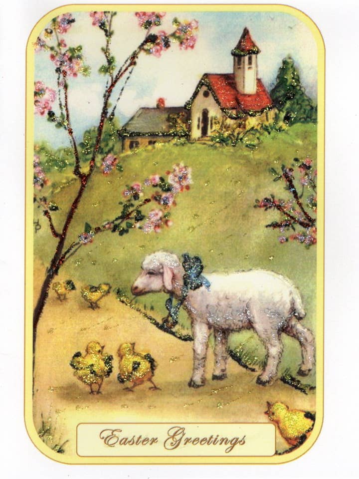 Easter Greetings ~ Lamb & Chicks Pastoral Glitter Card for wholesale by The Marble Faun Gifts