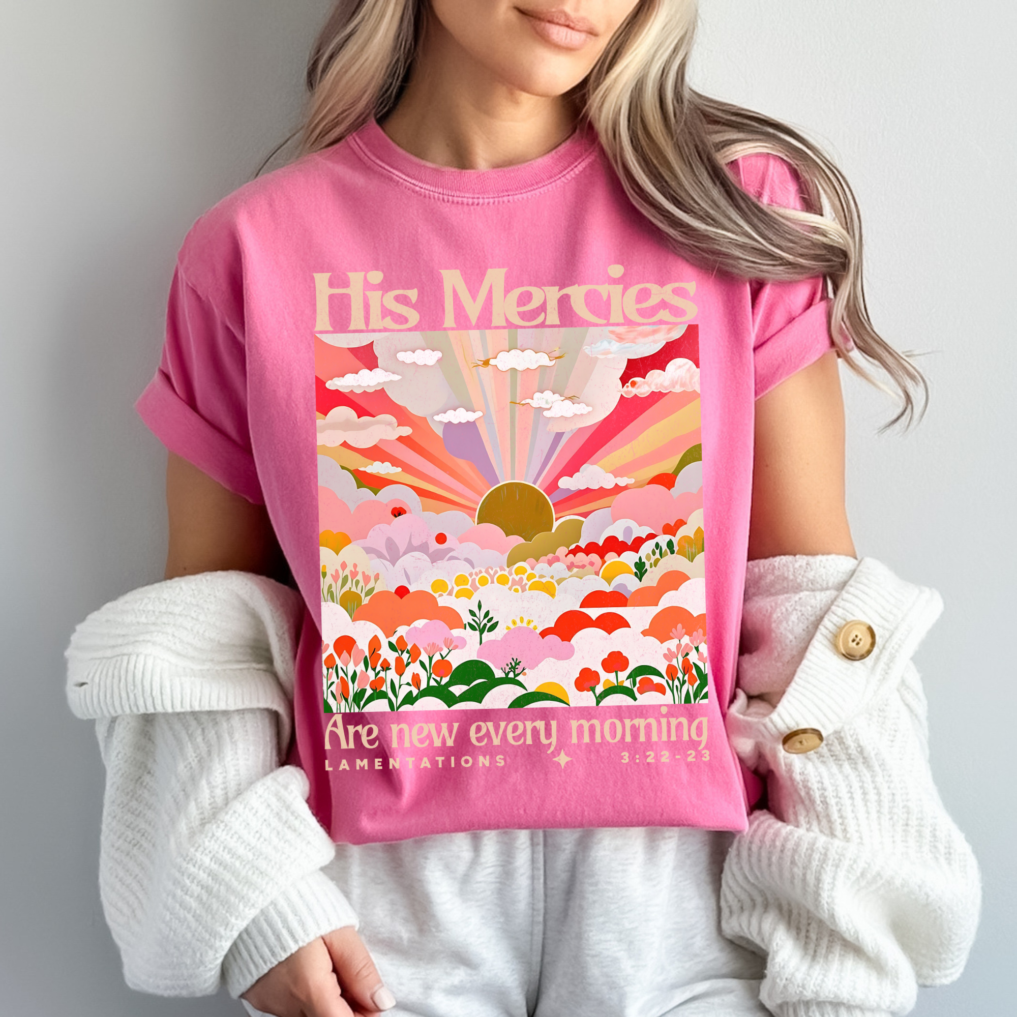 Scripted Pearl - Wholesale Screen Printed T-Shirt - Women's - His Mercies Are New Floral Comfort Colors Christian T Shirt8