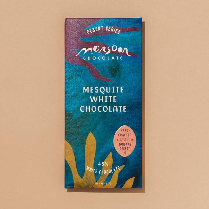 Monsoon Mesquite 45% White Chocolate, 50g for wholesale by Monsoon Chocolate