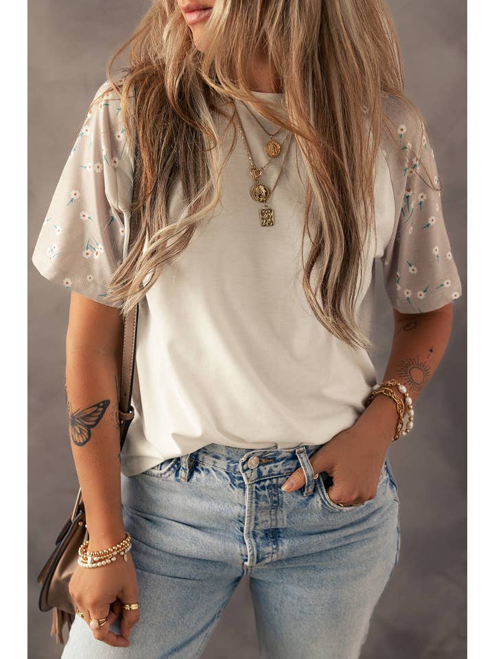 Beige LDC Floral Print Color Block Raglan Sleeve T Shirt for wholesale on Faire