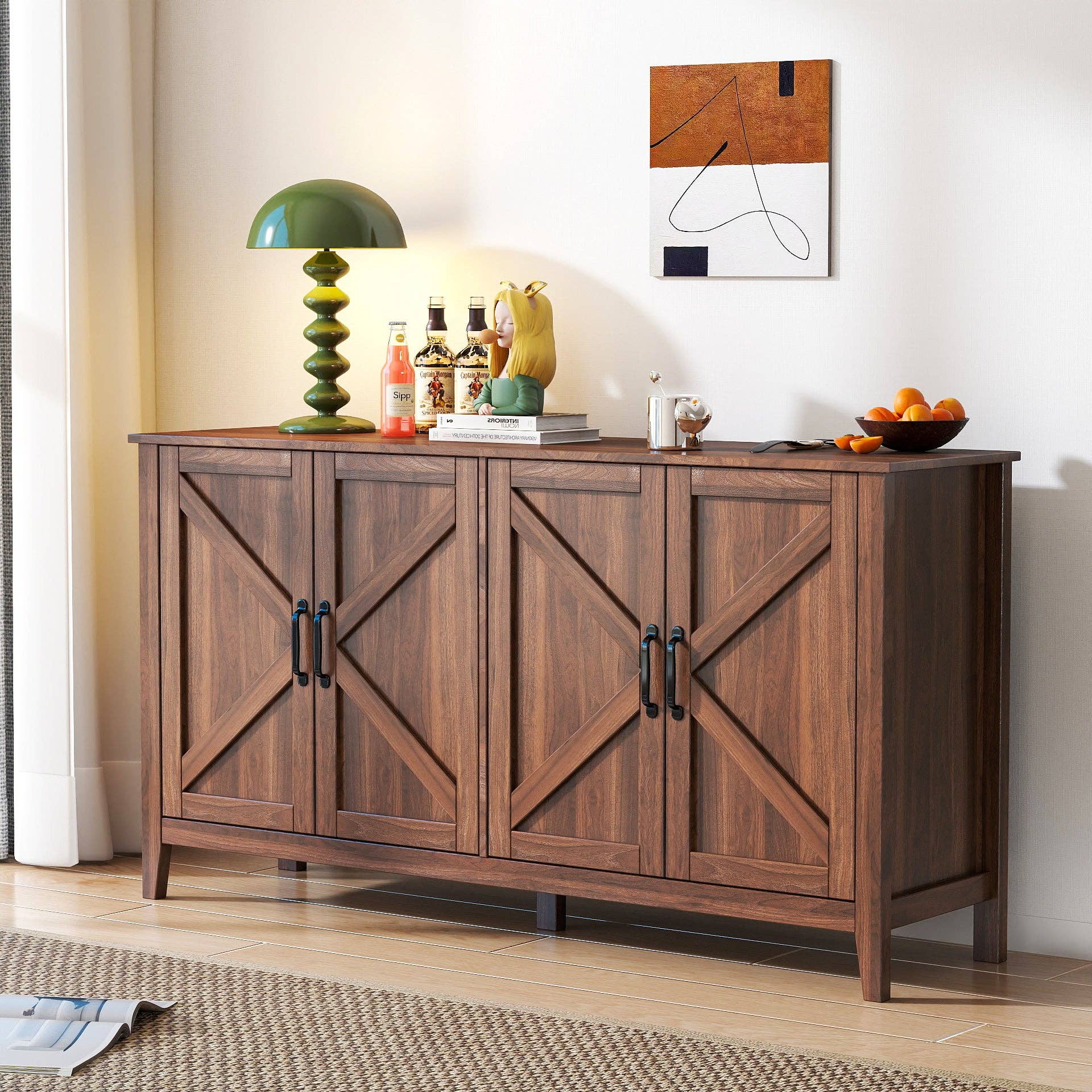 39F Inc. - Wholesale Cabinet - Walnut 4-Door Sideboard with 4 Shelves Freestanding Cabinet0