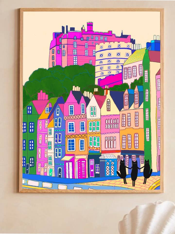 Edinburgh Castle Art Print: Scottish Black Cats Illustration for wholesale by The Paper Tail