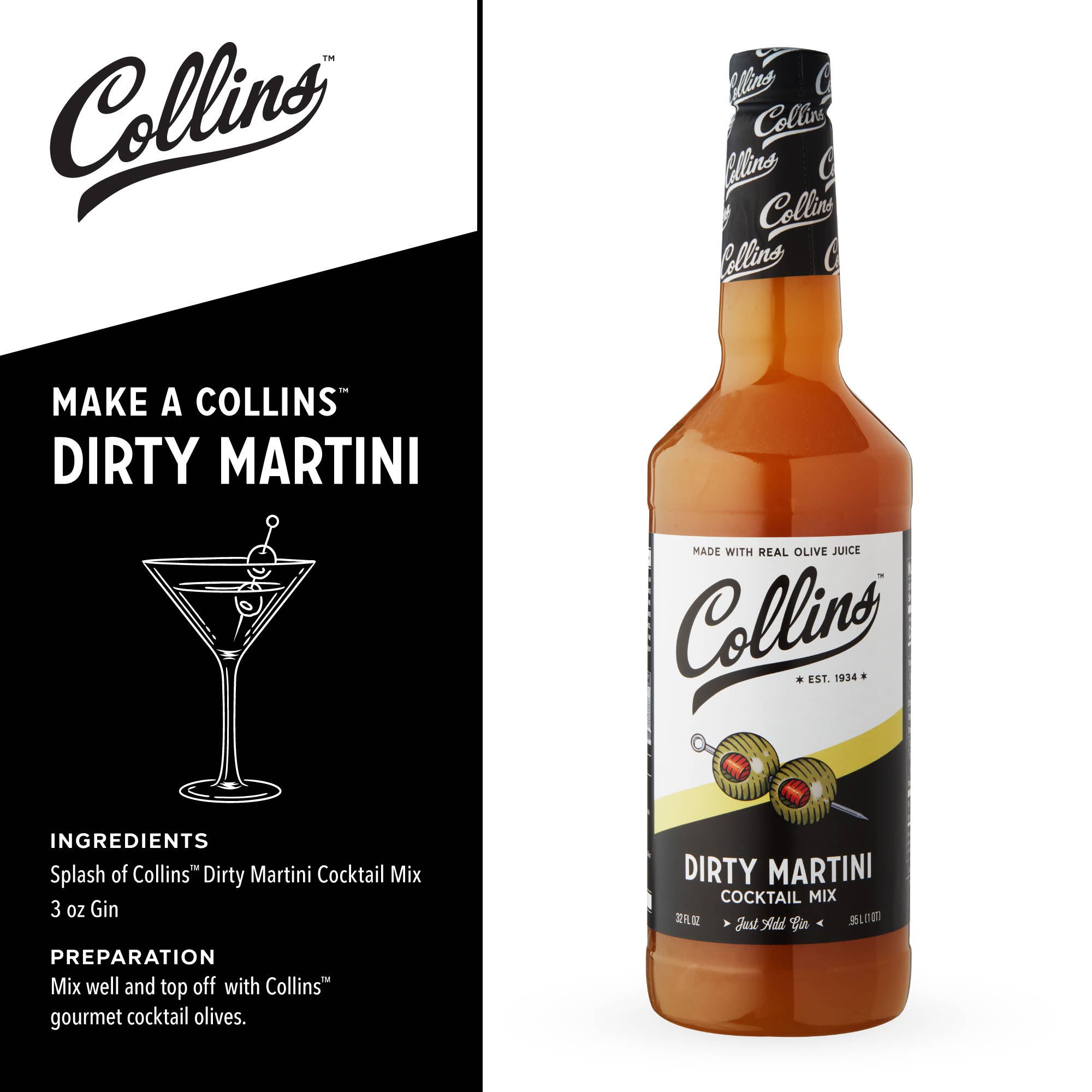 Collins - Wholesale Cocktail Mix/Syrup - Real Olive Brine Dirty Martini Cocktail Mix 32 oz2