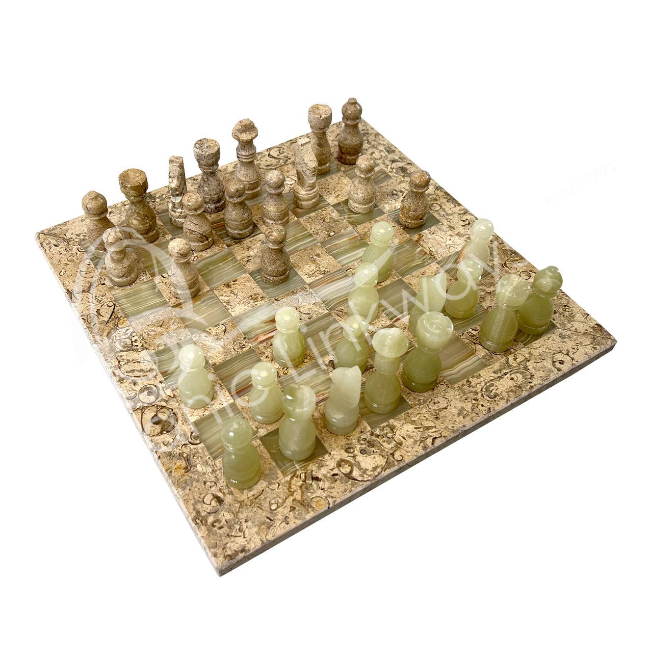 Oceanic Linkways Inc – Engroshandel Spirituelle sten og krystaller – (SKAK)SKAKSÆT - KORAL & GRØN ONYX 12 X 12"