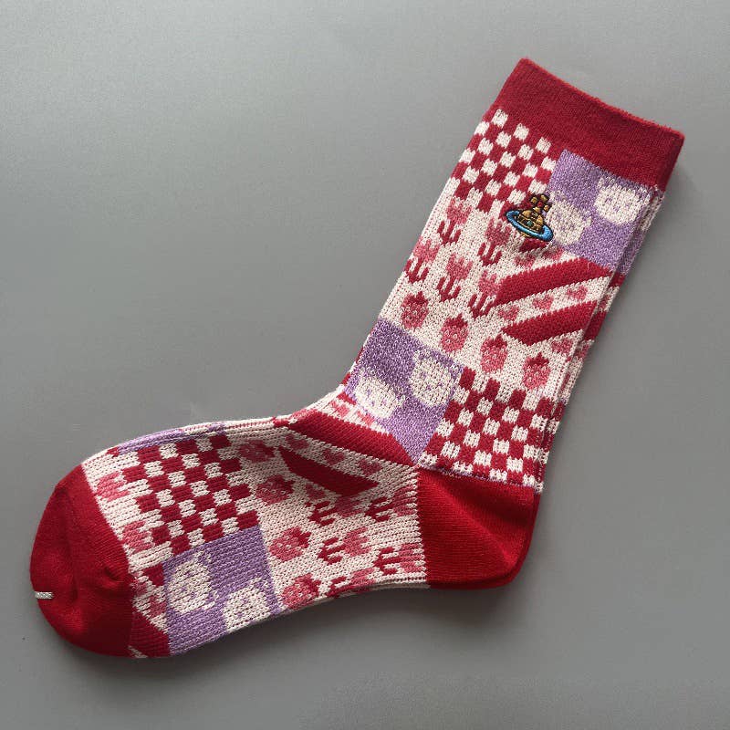 Tourtiwi - Wholesale Socks - Women's - Red Snowflake & Geometric Patterns Christmas Crew Socks33