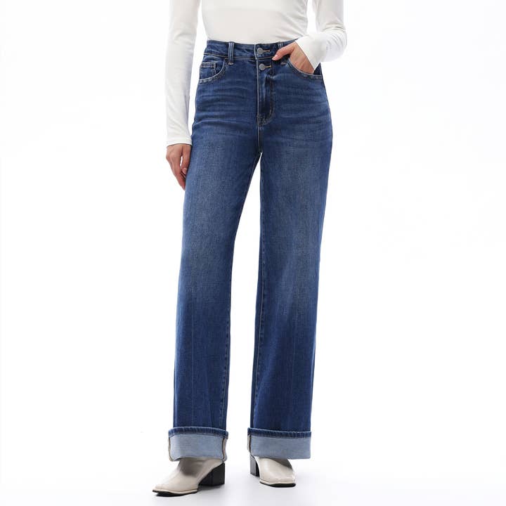 High Rise Rolled Hem Wide Leg Jeans Stretch Denim OSW8015 for wholesale by ONESO
