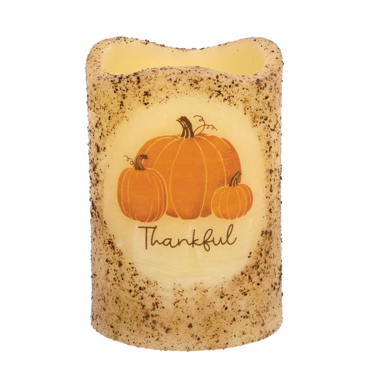 Burnt Ivory Thankful Pumpkins Timer Pillar, 4" for wholesale by The Hearthside Collection