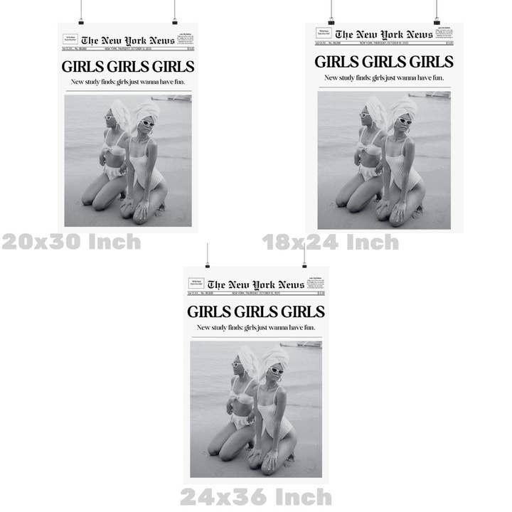 Honey Coast Print Co. - Wholesale Art Print - Girls Girls Girls Newspaper Headline Wall Art Prints