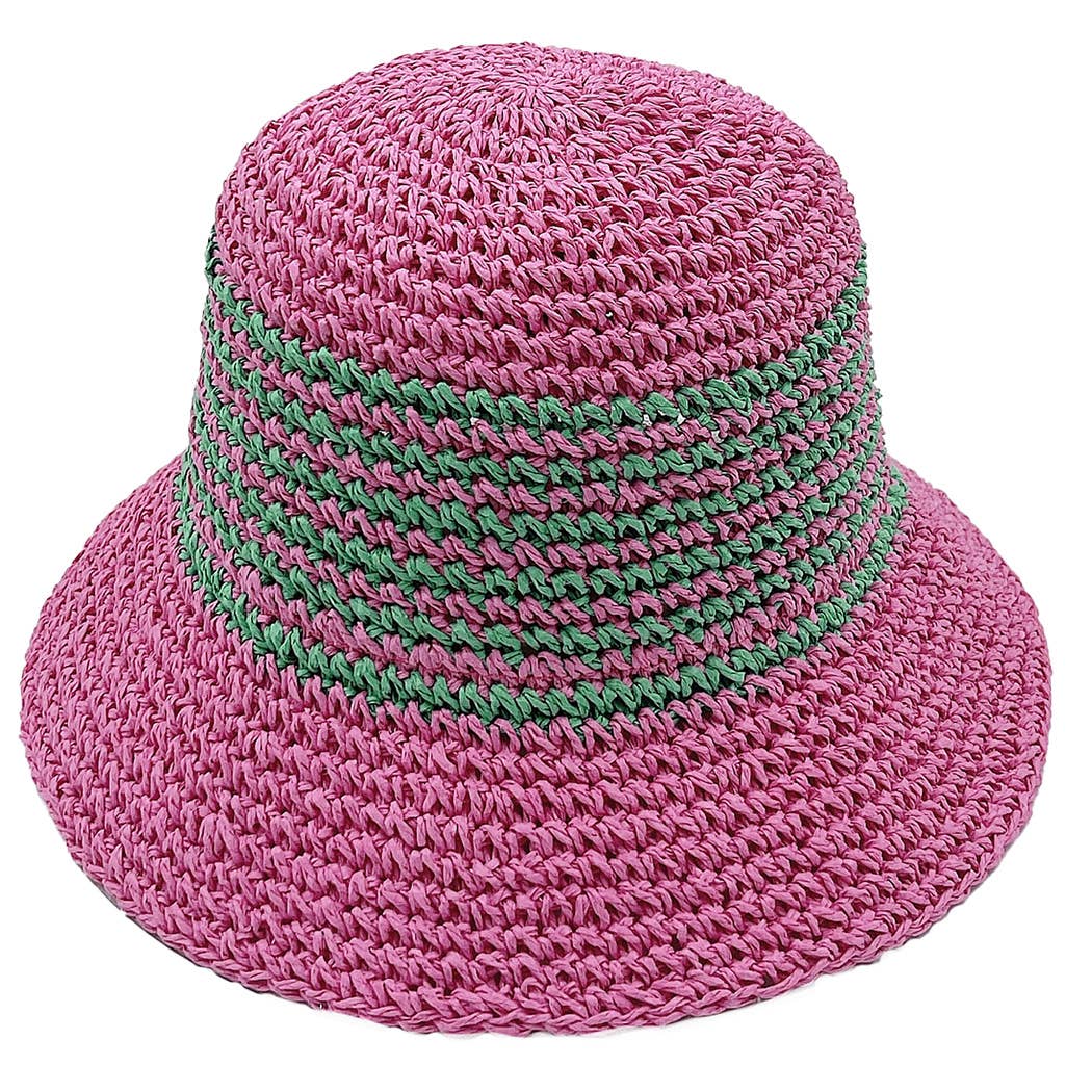 Fashion City - Wholesale Bucket Hat - Women's - Two Tone Stripe Straw Crochet Bucket Hat9