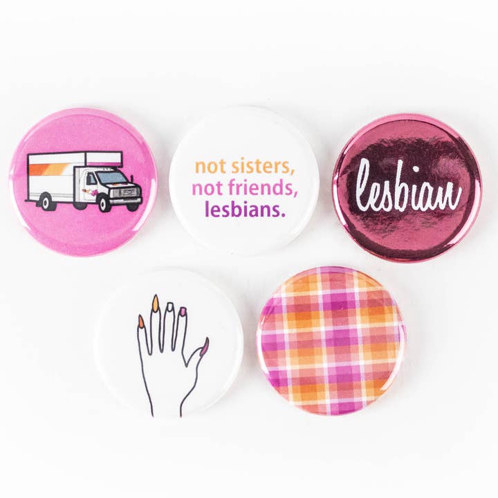 SET: Lesbian Pride Themed Pinback Buttons or Magnets for wholesale by Ifs, Ands, Or Buttons