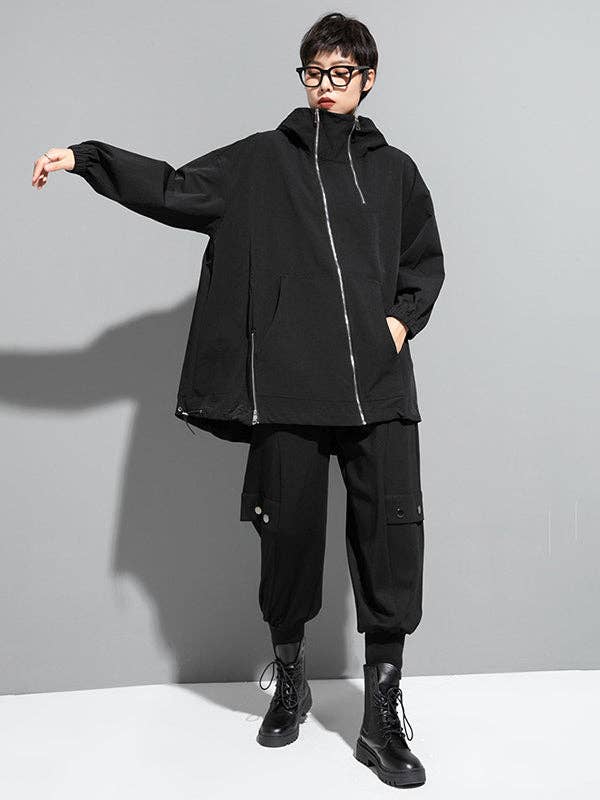 BLACK Fashion Irregularity Loose Solid Color Zipper Hooded Outerwear for wholesale on Faire11