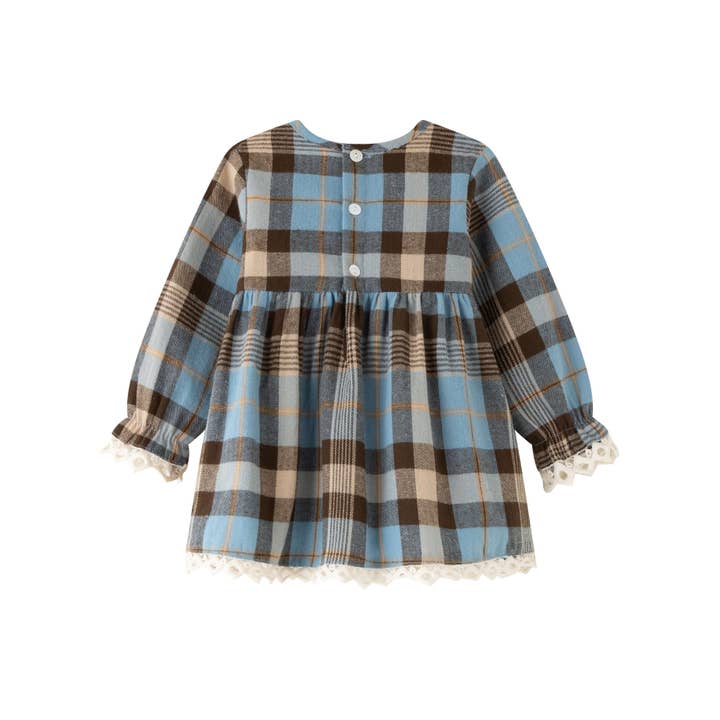 plaid Blue and brown checkered party dress with bow for wholesale on Faire