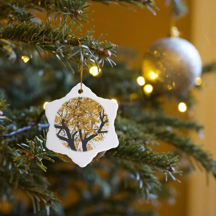 3dRose - Wholesale Ornament - 3dRose, Dark linden tree trunk, yellow leaves, white autumn sky, Ornament6