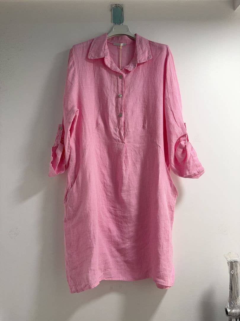 Happy look – Großhandel Kleid – Damen – Kurzes Hemdkleid aus Leinen mit langen Ärmeln2