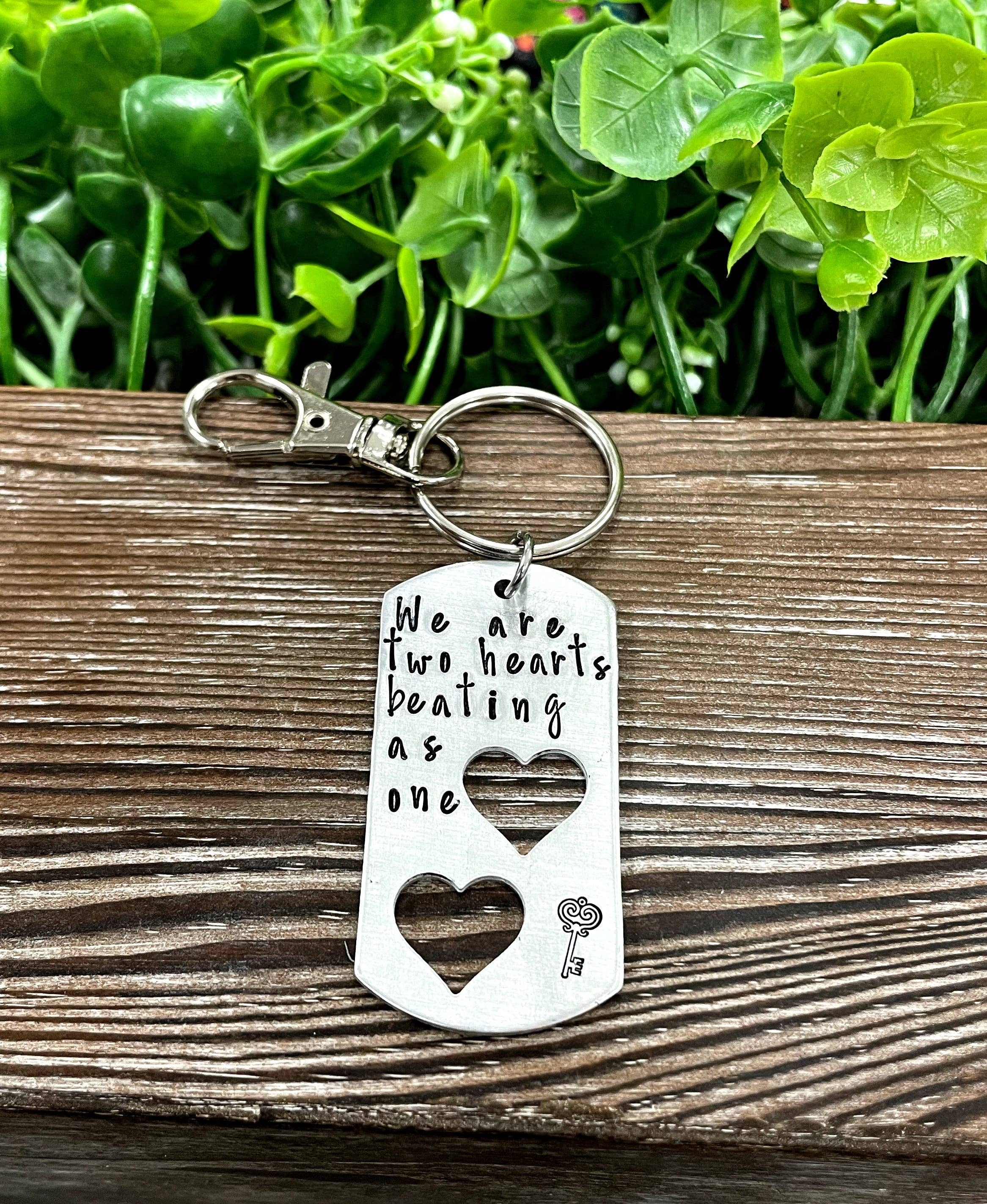 Handmade by Marlayna - Wholesale Keychain - Unisex - Two Hearts Beating as One Hand Stamped Key Chain Valentines Day Gift2