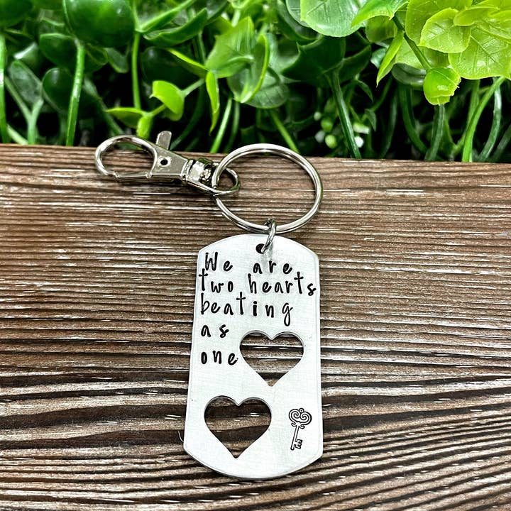 Handmade by Marlayna - Wholesale Keychain - Unisex - Two Hearts Beating as One Hand Stamped Key Chain Valentines Day Gift2