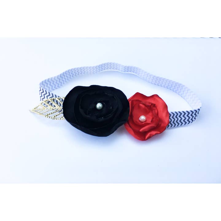 Cerchietto papavero fiori rossi e neri e fascia grigia stampa chevron per la vendita all'ingrosso da parte di Heidy Berry