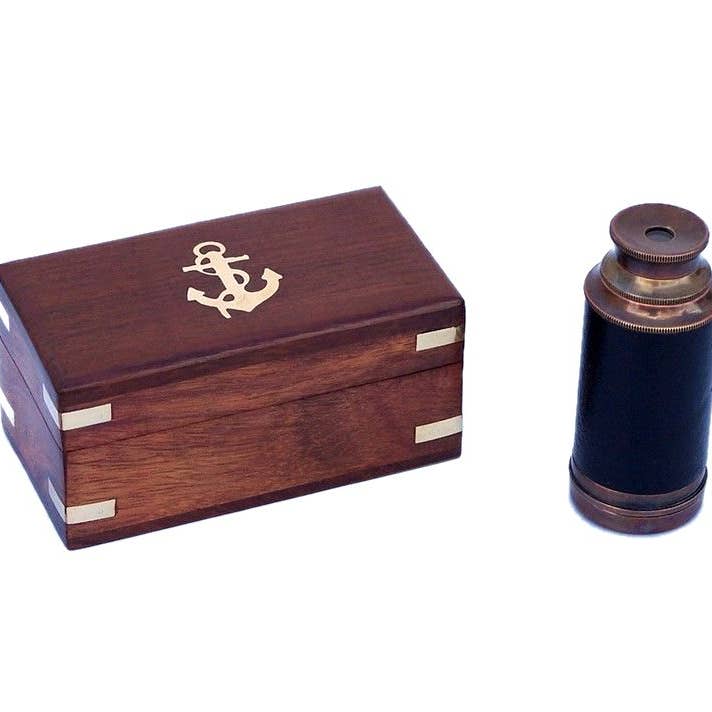 Hampton Nautical - Wholesale Navigational Compass - Antique 7-Inch Copper & Leather Spyglass Telescope with Box