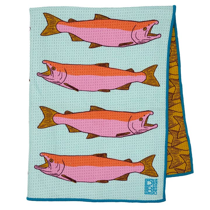 Large Salmon Tea Towel - Blue & Pink for wholesale by Paige Brady Design