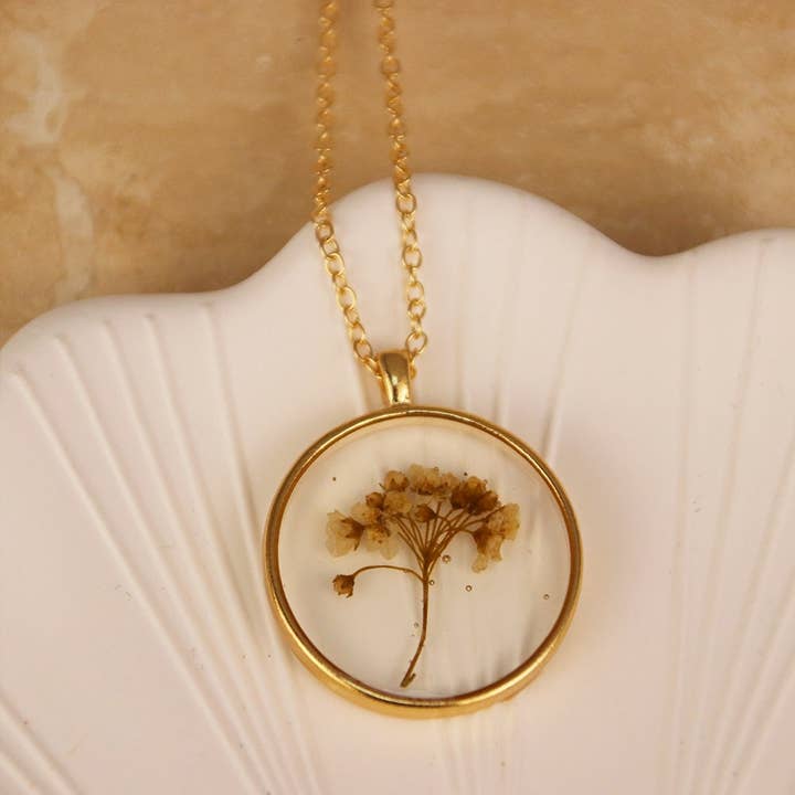 AtsknskRealFlower - Wholesale Pendant/Charm Necklace - Mother's Day Gift | White Ammi Resin Dried Flower Necklace