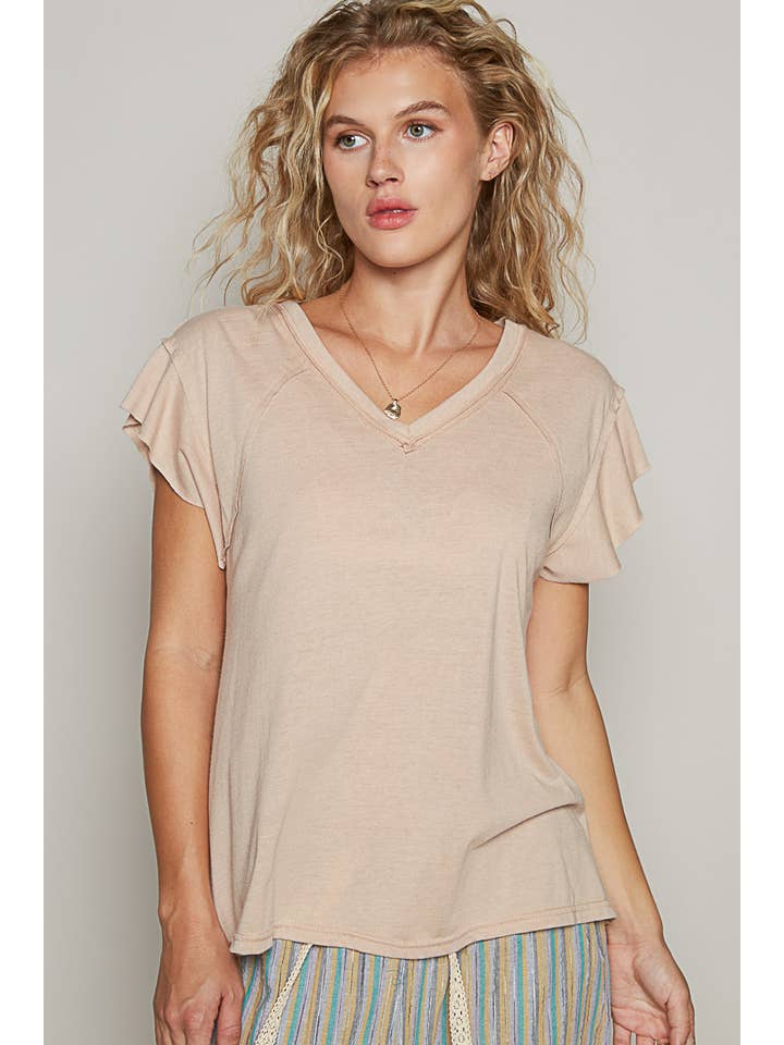 Pol Clothing - Wholesale T-Shirt - Women's - V-neck ruffle short sleeve solid basic cotton top10