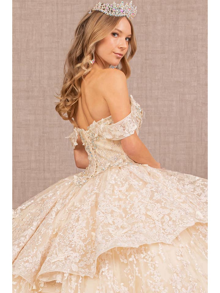 Tux-USA® - Wholesale Formele jurk - Dames - Jewel 3-D Quinceanera-jurk van mesh met vlinderapplicatie en open schouders3