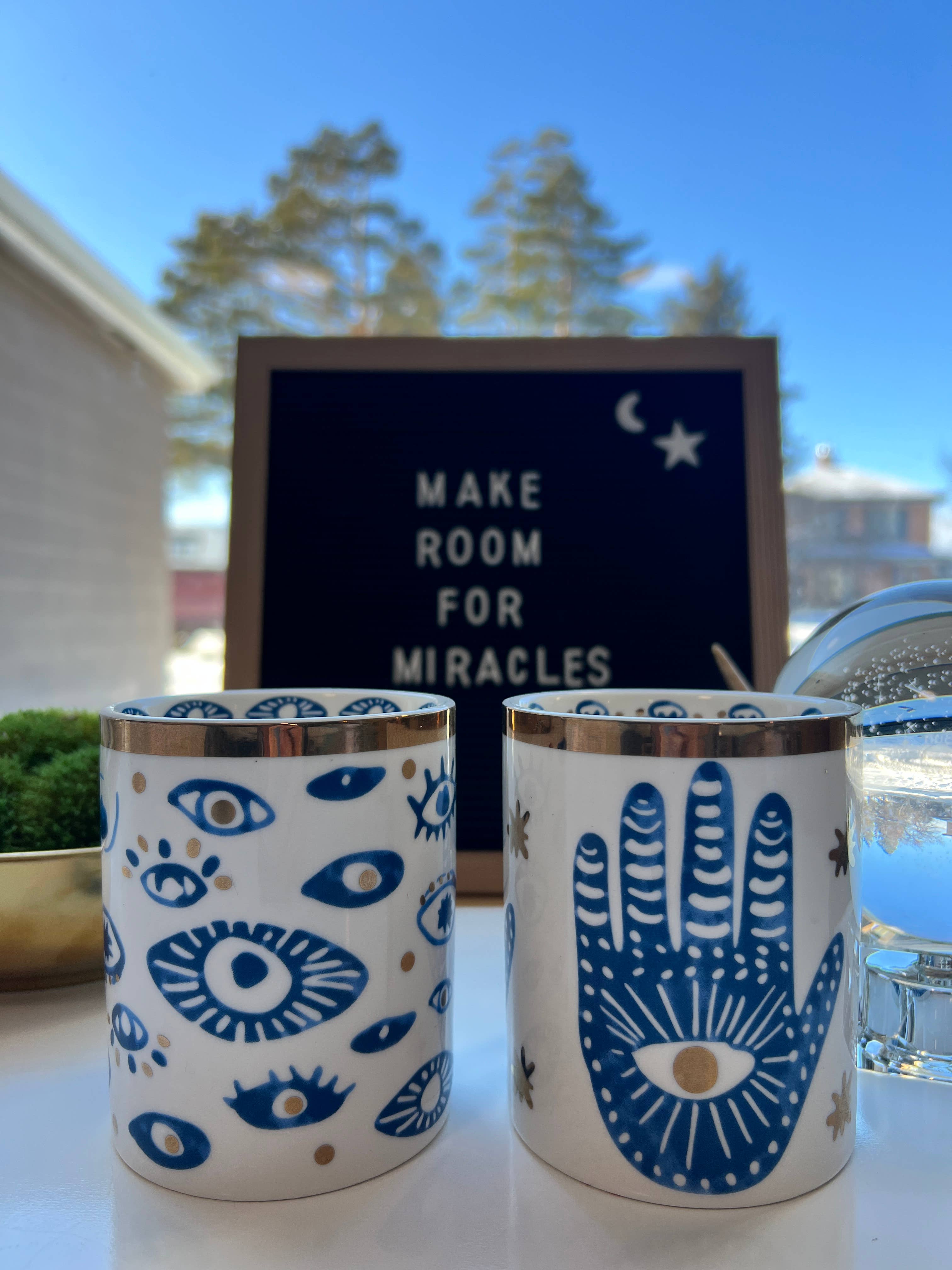 The Sacred Wild Candle Co - Wholesale Novelty Candle - NEW! Beautiful Gold, Blue & White Ceramic "Evil Eye" Candle 2