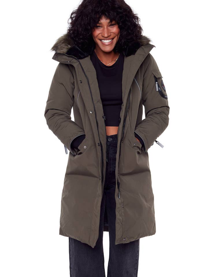 LAURENTIAN | WOMEN'S VEGAN DOWN (RECYCLED) LONG PARKA, OLIVE for wholesale on Faire