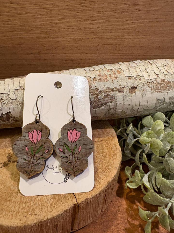 Spring Tulip Floral Drop Earrings, laser engraved, handpainted, wood earrings, nickel free for wholesale by Creekside Cottage Designs