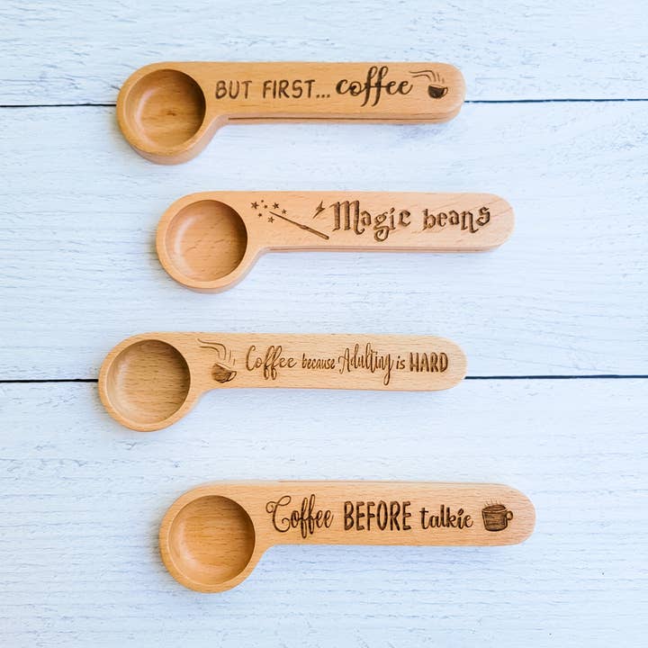 Engraved Coffee Scoop + Bag Clip for wholesale by The Purple Chickadee