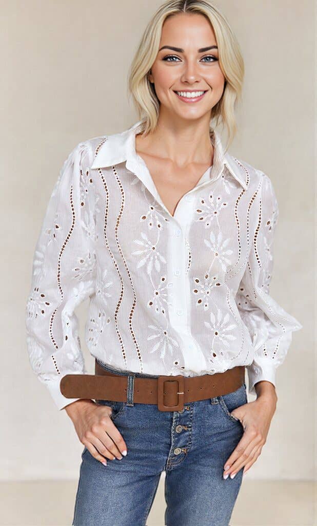 Anna Kaci Wholesale - Vente Chemise à col boutonné – femme - Blouse à manches longues boutonnée en broderie anglaise19