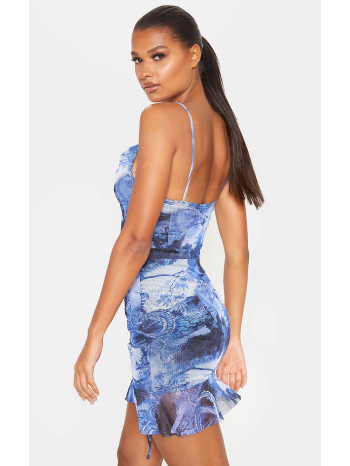 Blå Blue Mesh Dragon Print Ruched Bodycon-klänning för wholesale på Faire