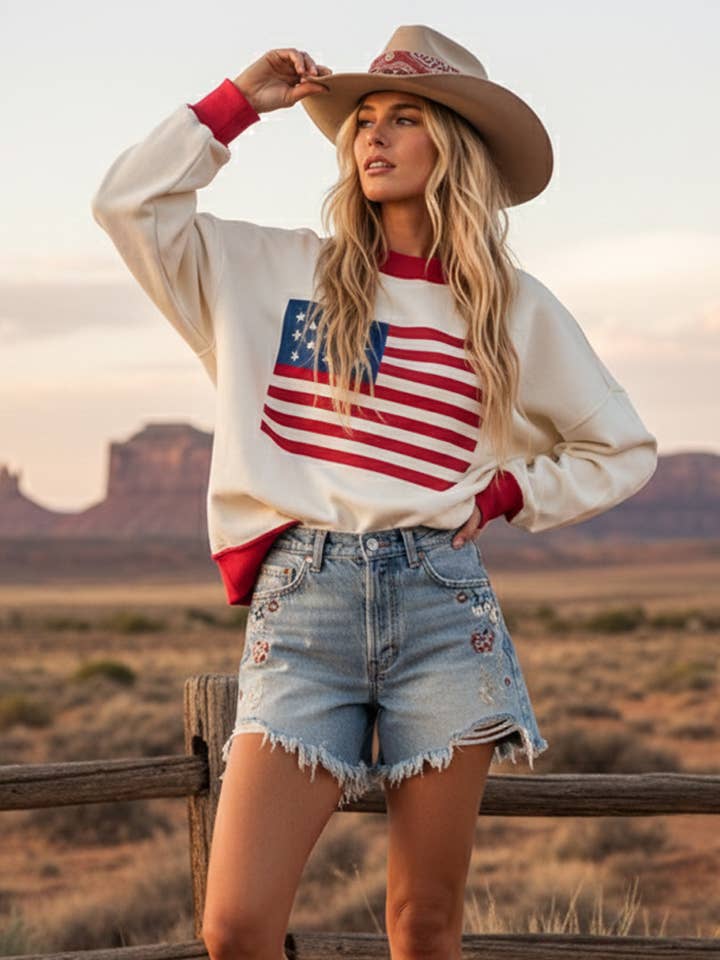 TOP DE CAMISOLA COM BANDEIRA AMERICANA DO 4 DE JULHO por atacado de Sewn and Seen