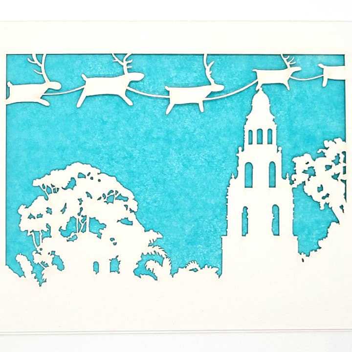 two hermanas – Großhandel Weihnachtskarte – Weihnachtsgrußkarte „Rentier over Balboa's Tower“