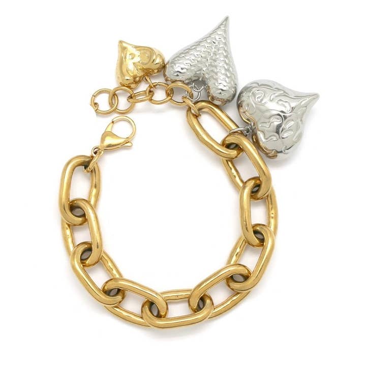 Großes Kettenarmband mit zwei Tönen und drei Herzen - B4-039 für den Großhandel von LIZOU