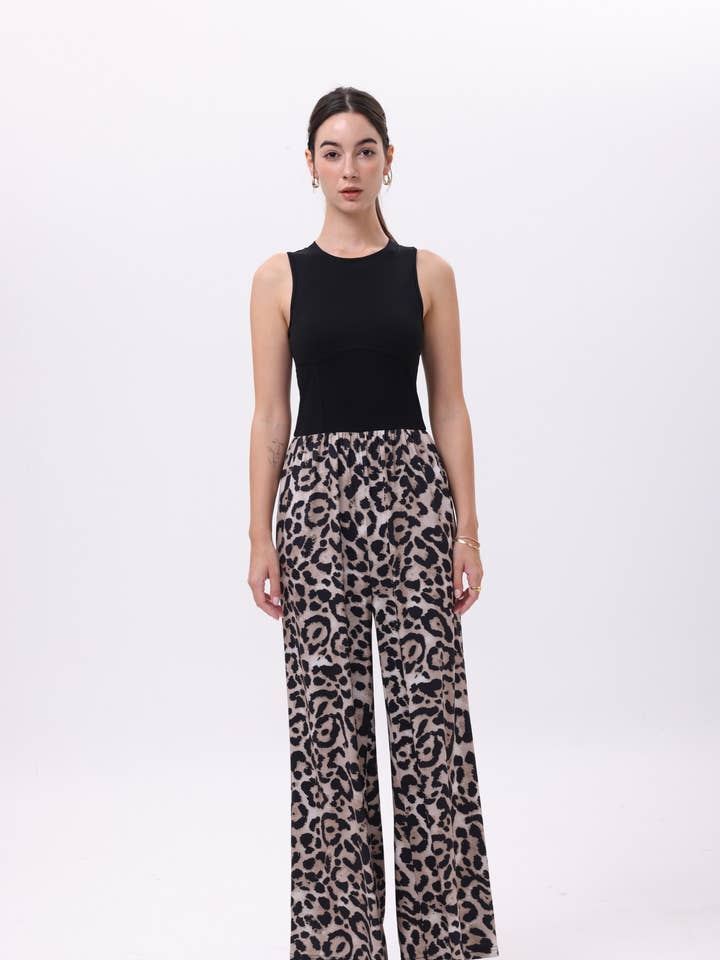 AZARIA LEOPARD CONTRAST SLEEVELESS JUMPSUIT (ST#FR40011) for wholesale by freeme