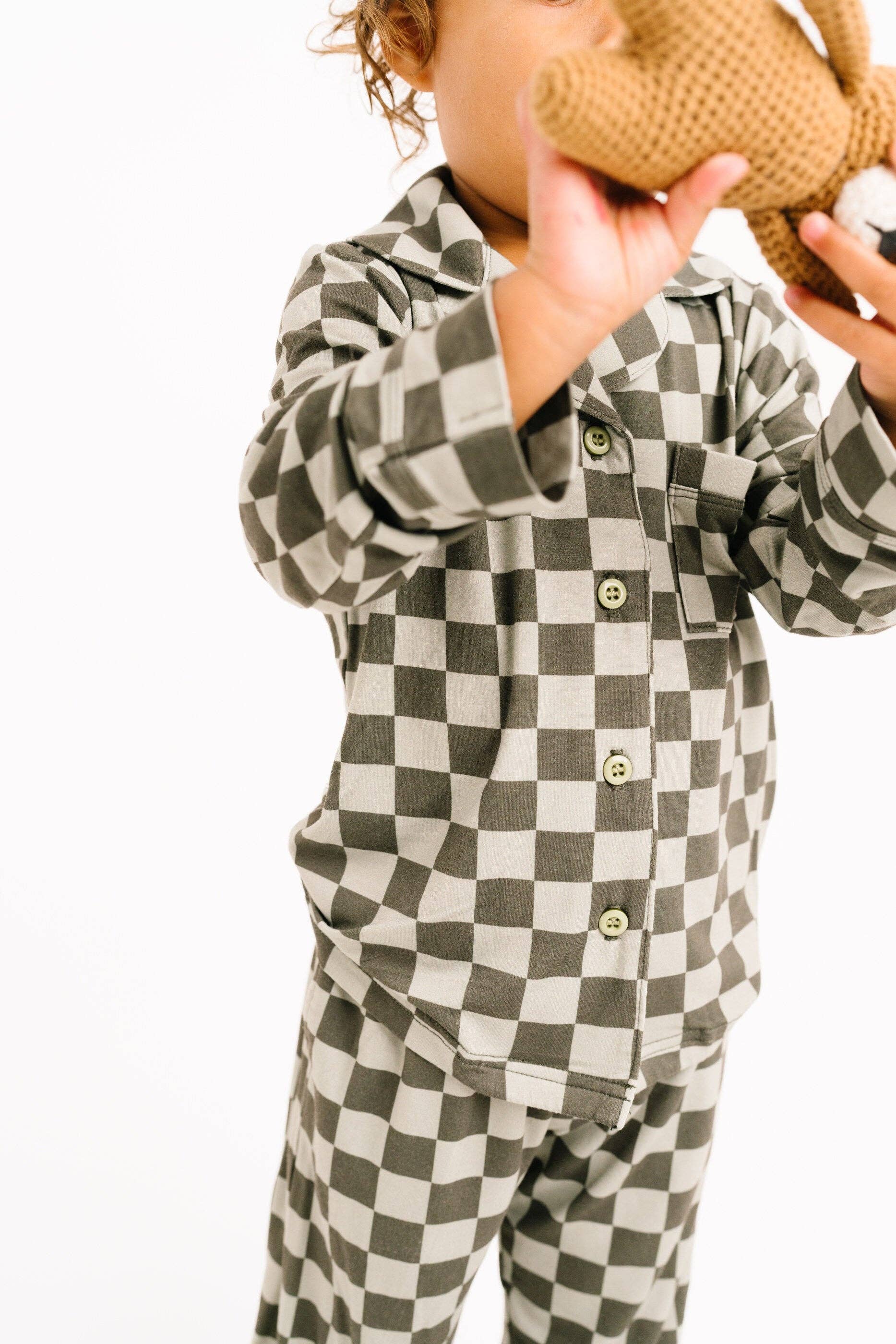 Little One Shop - Wholesale Top & Pant Set - Kids - Pine Checkered Kid Long Sleeve Bamboo Button Up Set5