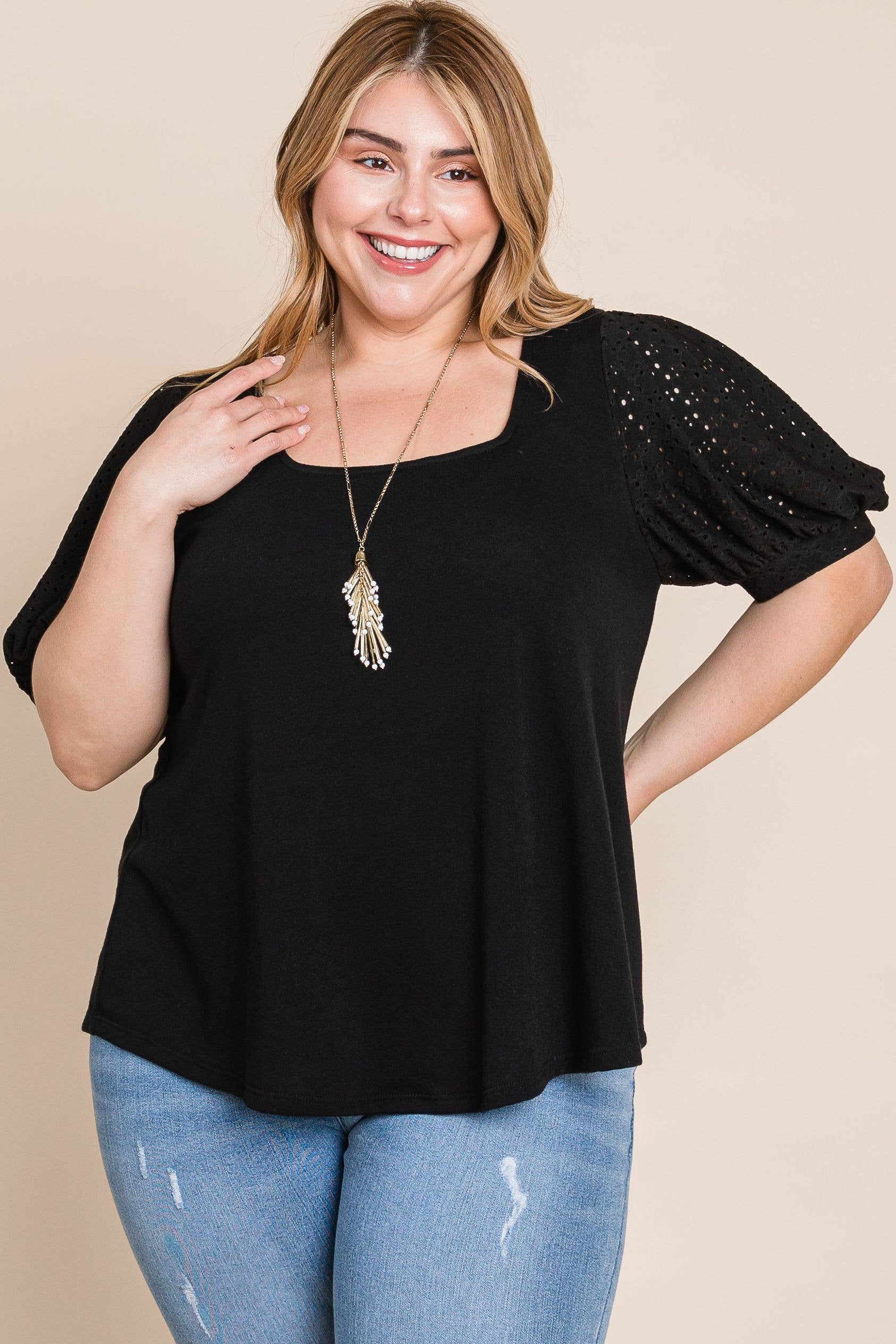 Sort ETK-8820-PL Plus Størrelse Øje Boble ærmer Solid Strik Top for engroshandel på Faire4