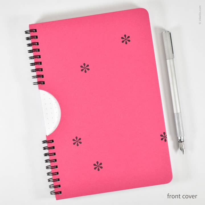 Black Asterisks Spiral Notebook with Hot Pink Cover (#631) for wholesale by Inkello Letterpress