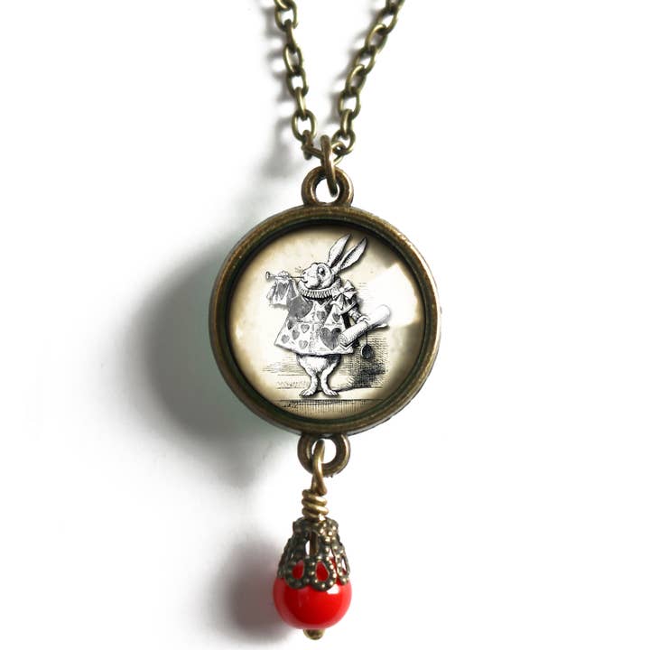 Alice in Wonderland White Rabbit Pendant Necklace w/ Bead for wholesale by The Divine Iguana