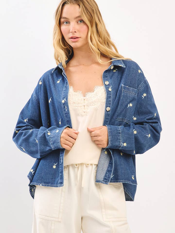 CAMISA CURTA DE MANGA COMPRIDA EM GANGA COM FLORES BORDADAS por atacado de mittoshop